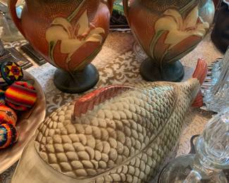 Early Roseville urns, fab Italian carp serving dish