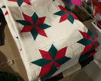 Hand sewn lap quilt and Christmas quilted wall hangings