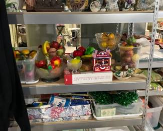Lefton porcelain, totes of holiday decor, totes of party napkins/plates, Fitz & Floyd, fruit decor, NOS tablecloths