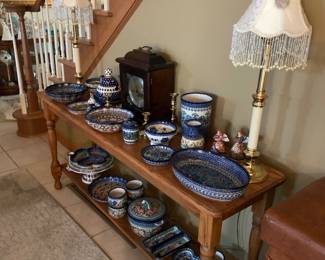 Polish Pottery, solid wood console table, pair of boudoir lamps