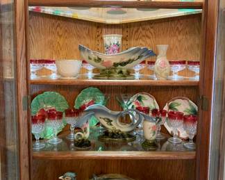Superb Italian pheasant serving dish centerpiece, Hull pottery, cranberry glass, Fitz & Floyd