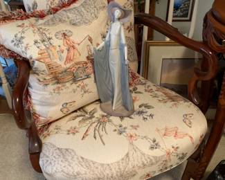 Pair of superb Chinoiserie upholstered armchairs, Lladro “Afternoon Tea” large Spanish Sculpture