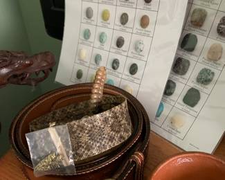 Rattlesnake hide belt; antler buckle leather belt, polished natural stones