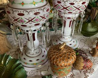 Superb Pair bohemian cased cranberry milk glass hand painted mantel lusters with glass prisms, fine enamel pieces