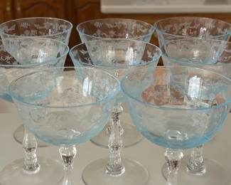 Fostoria Versailles blue etched glasses