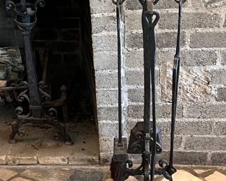 Superb wrought iron fireplace tools and stand
