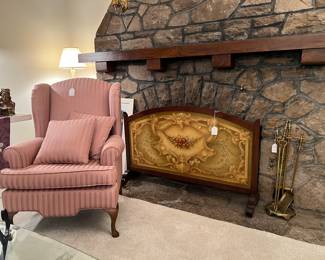 Superb Antique painted firescreen and Vintage wingback chair