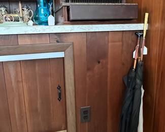 Antique inlaid wood National cash register and Antique umbrella/parasols