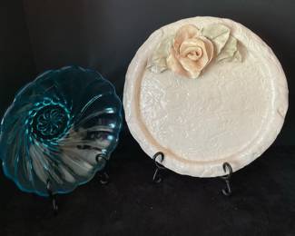 Pottery Dish with Rose Blue Glass Bowl
