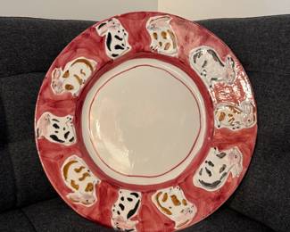Vietri Style Round Hand Painted Serving Platter with red trim and rabbit design. Stamped on back Made in Italy.