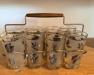 Vintage Libby Frosted Silver Foliage Hi-Ball Tumbler Glasses with Carrier