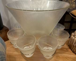 Federal Glass Norse Ribbed Prismatic Punch Bowl and 12 cup set.