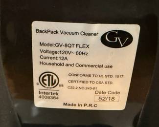 GV 8QT Flex Back Pack Vacuum - Label