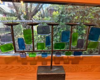 Metal and Stained Glass 5 Light Candle Holder