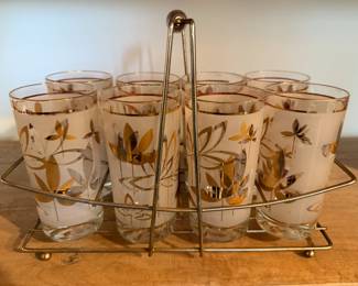 Vintage Libby Frosted Gold Leaf Water Lily Hi-Ball Tumbler Glasses with Carrier