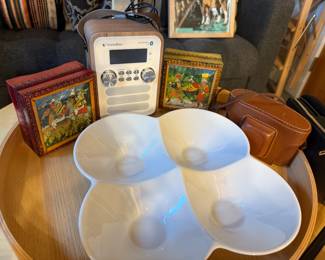 IKEA Stockholm 2017 Round Tray in Ash Veneer, Vintage Hand Painted and Lacquer Trinket Boxes. InstaBox Mini Boom Box with FM Clock Radio, 35mm Camera, 4 Compartment White Porcelain Serving Dish.