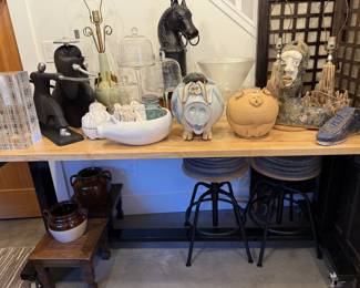 Adjustable Crank Table, Vintage C. Miller Ceramic Lime Green Table Lamp, Glass Appetizer/Desert Covered Stands, Vintage Horse Head Table Lamp, Porcelain Pig Dish, Clay Piggy Bank, Studio Pottery Shoe.