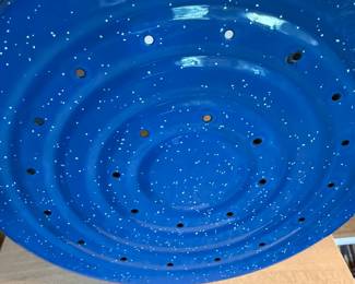 Blue Speckled Enamelware Strainer/Steamer Pot - showing holes in bottom of pot.