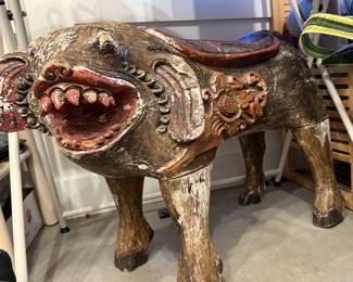 Polychromatic Carved Wooden Pig Sculpture. Measurements: 23in Tall | 20in Length | 11in Width