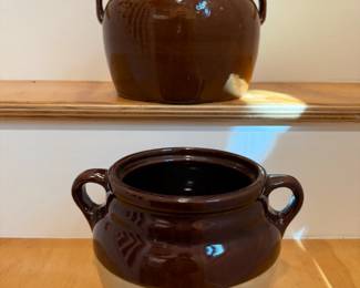 Monmouth Beige and Brown Glaze Stoneware Bean Pot. Brown Glaze Bean Crock Pot.
