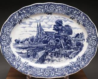 Vintage 18" Blue and White Porcelain Platter