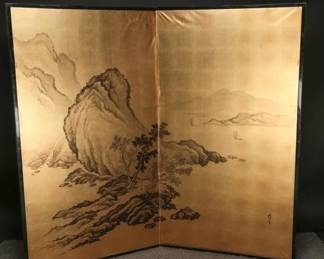 Japanese Byobu Folding Screen, Ink & Gold Leaf