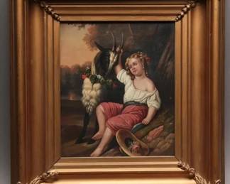 Vintage Oil Painting Child With Goat