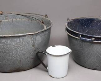 Set of Four Enamelware Basins and Pitcher