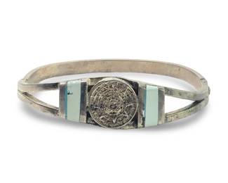 Sterling Silver Aztec Calendar Inlay Bracelet