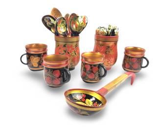 (29pc) Vintage Russian Painted Khokhloma Wood Set
