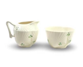 (2pc) Belleek Shamrock Harp Handle Creamer/Bowl