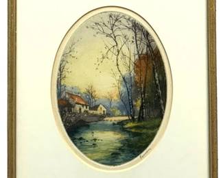 Signed Vintage Landscape Watercolored Etching