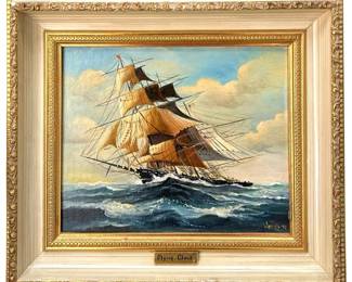 Vintage Signed “Flying Cloud" Ship Oil on Canvas