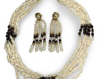 6 Strand Pearl & Garnet Necklace & Earrings