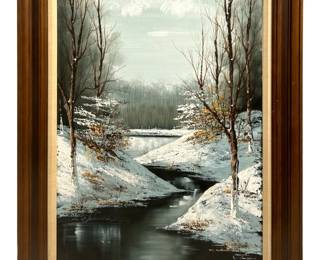 Signed Winter Forest Landscape Oil on Canvas