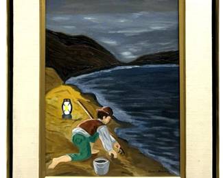 Signed Joan B. Cloudy Seascape Acrylic on Panel