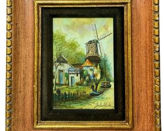 Signed Vintage Zabehlicky Windmill Oil on Panel