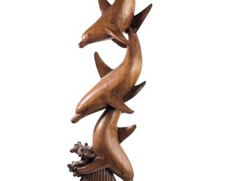 Large Carved Wood Triple Dolphins Sculpture