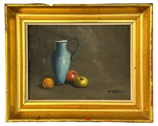 Signed V. Vaquer Vintage Still Life Oil on Panel