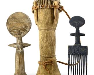 3pc Carved African Wooden Drum, Comb, & Doll