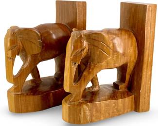 Pair of Carved Wood Elephant Bookends