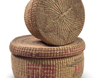 (2) Hand Woven Straw Grass Lidded Baskets
