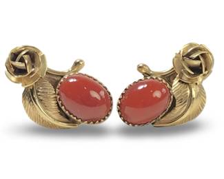Pair 14K Yellow Gold Red Coral Blossom Earrings