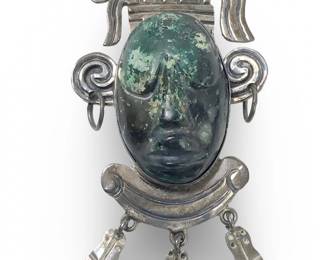 Sterling Taxco Mexico Carved Gemstone Face Brooch