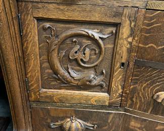 Detail of oak and tiger oak credenza