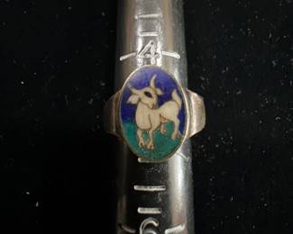 Charming Silver and Cloisonne Goat Ring Size 4.5