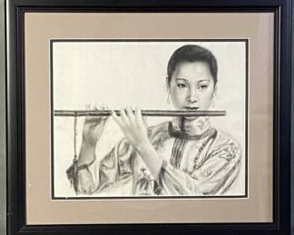 Chinese Flautist Pencil Drawing in Frame
