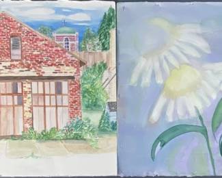 Watercolor Paintings Daisies & Brick House