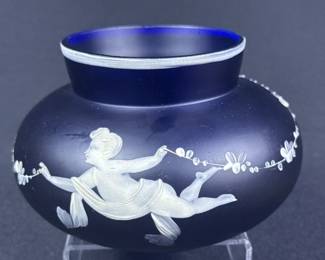 Vintage Blue Art Glass Bowl Cherub Motiff