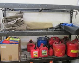 Assortment of Metal Shelving + Gas Cans
